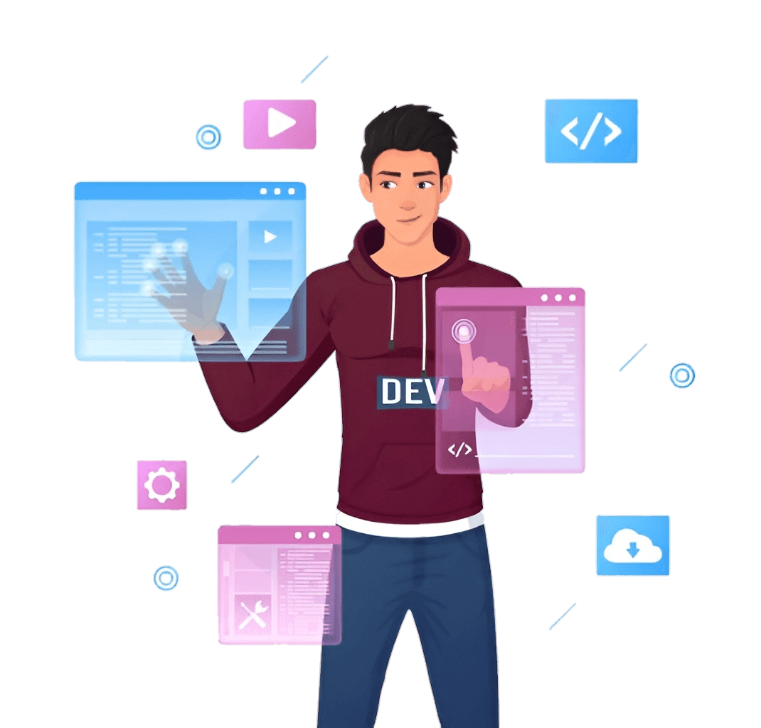 Ilustração estilizada de Josué desenvolvendo em seu computador